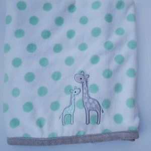 Carters Just One You White Gray Polka Dot Green Giraffe Fleece Baby Blanket.